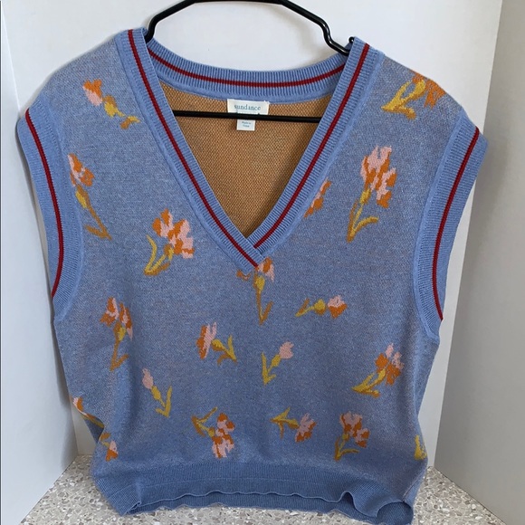 Sundance Fairlee Preppy Blue Floral VNeck Sweater Vest Women’s Medium Academa - Picture 3 of 7